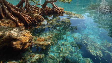 Explore a stunning view of crystal clear tropical waters highlighting intricate mangrove roots and beautiful rocky formations. Peaceful and serene.の素材