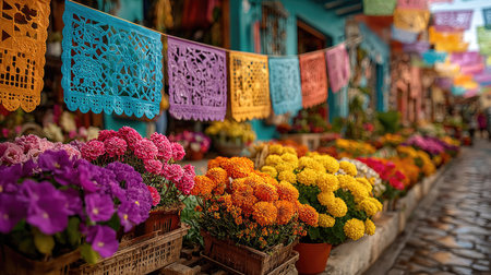 A picturesque street market full of vibrant flowers in pots, enhanced by colorful decorations, creating a lively and inviting atmosphere in a charming town.の素材
