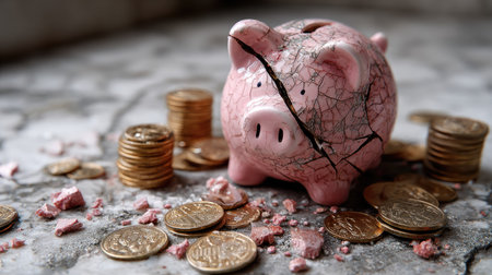 A cracked piggy bank surrounded by various coins symbolizes the challenges of saving money and managing personal finances. This image emphasizes the significance of financial awareness and the need for effective budgeting strategies.の素材