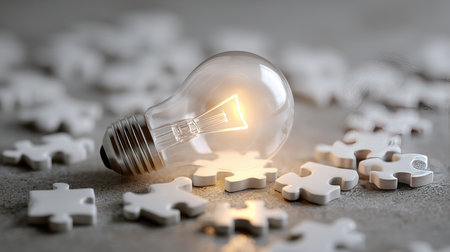 A glowing light bulb positioned on scattered white puzzle pieces emphasizes the concept of creativity and problem-solving, showcasing innovation and inspiration.の素材