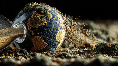 This artistic image showcases a globe representing Earth, pouring sand from an hourglass, symbolizing the urgency of environmental conservation and time.の素材