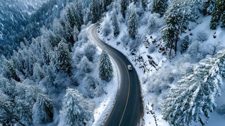 This stunning aerial image captures a winding mountain road enveloped in fresh snow, framed by majestic evergreen trees, creating a tranquil winter scene.の素材