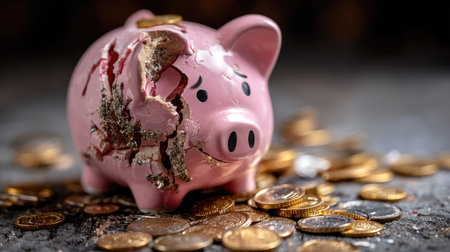 A pink piggy bank lies broken among scattered coins, illustrating the struggles of financial management and the impact of economic challenges on savings.の素材