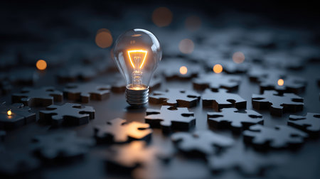 A glowing light bulb stands out amid dark puzzle pieces, representing the spark of ideas and the essence of problem-solving in today's innovative world.の素材