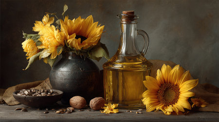 This rustic still life composition features sunflowers, olive oil, assorted nuts, and coffee beans, embodying warmth and natural beauty, perfect for culinary themes.の素材