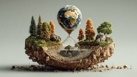 A captivating surreal landscape featuring an hourglass encasing the Earth, surrounded by vibrant trees and rocky terrain, symbolizing time and environmental themes.の素材