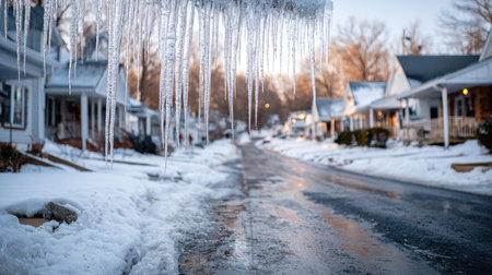 A serene winter scene showcasing icicles hanging from rooftops in a snowy residential neighborhood during sunset. The icy landscape reflects warm light.の素材