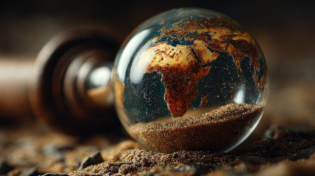 This captivating glass globe features a detailed world map design, resting on a sandy surface, evoking themes of travel, exploration, and nature.の素材