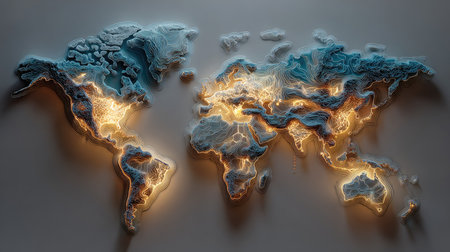 This stunning illuminated topographic world map showcases detailed contours with vibrant lighting effects, highlighting geography in a modern artistic style.の素材