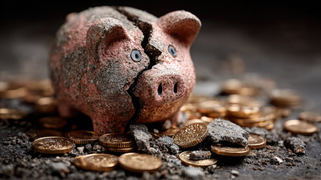 A broken piggy bank rests among scattered coins on a dark surface, capturing the essence of financial struggles and the impact of unexpected expenses on savings.の素材