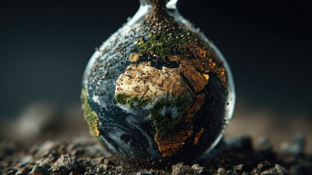 A captivating glass globe featuring detailed representations of continents surrounded by soil and vegetation, highlighting the beauty of nature and the planet.の素材