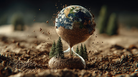 A striking image of an earth globe within an hourglass, surrounded by trees symbolizes the delicate balance of time and nature, emphasizing environmental awareness.の素材