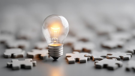 A glowing light bulb sits atop scattered puzzle pieces, creating a visual metaphor for innovation and creative problem-solving. The soft gray background enhances the focus on the illuminated bulb, symbolizing clarity and inspiration in the search for solutions.の素材