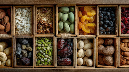 A visually appealing arrangement of various nuts and dried fruits presented in wooden boxes, perfect for creating healthy snacks or enhancing culinary dishes.の素材
