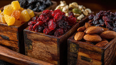 A vibrant assortment of dried fruits and nuts presented in rustic wooden bowls, showcasing rich textures and warm tones. Perfect for healthy snacking or culinary inspiration.の素材