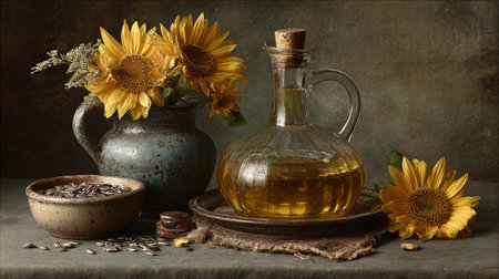 A beautiful still life featuring sunflower oil in a glass decanter, surrounded by bright sunflowers and sunflower seeds. Perfect for culinary and nature themes.の素材