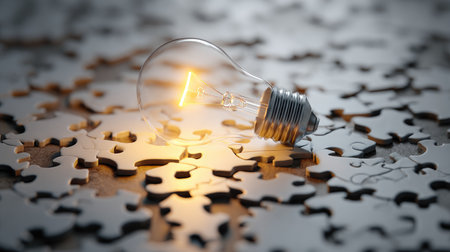 This captivating image features a glowing light bulb resting on puzzle pieces, symbolizing the connection between ideas, innovation, and problem-solving.の素材