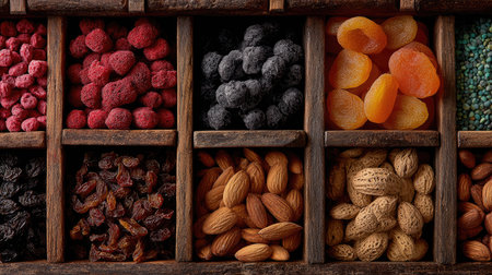 This image showcases a vibrant assortment of dried fruits and nuts in a rustic wooden organizer. Perfect for promoting healthy snacking, culinary creativity, and vibrant kitchen decor.の素材