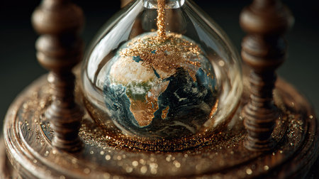 A captivating hourglass features a beautifully detailed globe suspended inside, adorned with sparkling golden glitter, symbolizing the passage of time and global awareness.の素材