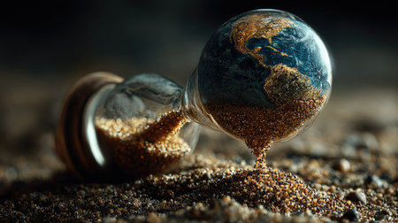 This striking image showcases an hourglass filled with sand and a detailed representation of Earth, reflecting themes of time, nature, and environmental awareness.の素材