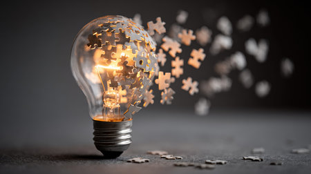 This striking image features a light bulb emitting light with puzzle pieces dispersing from it, symbolizing creativity and innovative thinking in problem-solving.の素材