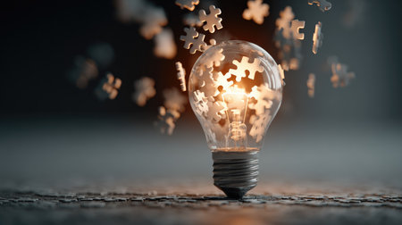 A glowing light bulb emits brilliance while surrounded by floating puzzle pieces, representing the connection between creativity and problem-solving. Perfect for themes of innovation.の素材