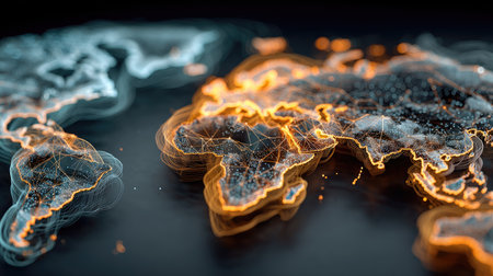This abstract illustration features a global map illuminated with vibrant orange and blue connections, representing a digital network concept.の素材