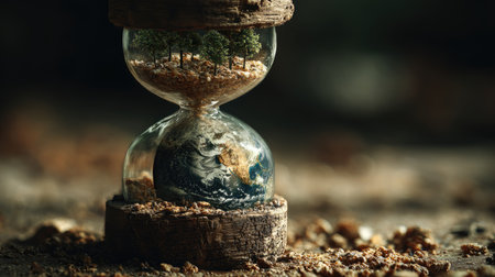 This artistic image features an hourglass containing a miniature Earth and lush trees, symbolizing the relationship between time, nature, and environmental sustainability.の素材