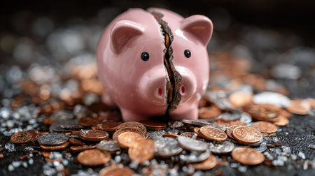 A visually striking image of a broken piggy bank surrounded by a variety of coins, representing the challenges of managing personal finances and savings.の素材