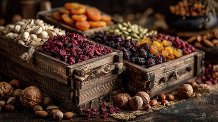 A vibrant display of assorted dried fruits and nuts in rustic wooden baskets, perfect for showcasing healthy snack options and natural textures.の素材