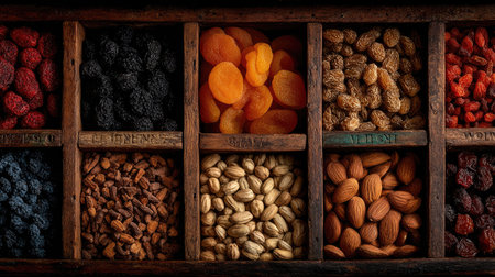 A captivating display of dried fruits and nuts arranged in a vintage wooden tray, showcasing vibrant colors and textures. Perfect for health-conscious consumers seeking nutritious snacks.の素材