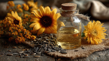 A serene composition featuring a glass bottle of oil surrounded by vibrant sunflowers and seeds, ideal for wellness, beauty, and nature-themed projects.の素材