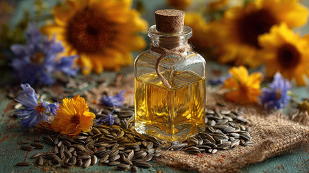 A stunning composition featuring a glass bottle of golden oil set against a backdrop of seeds and vibrant flowers, showcasing nature's beauty and culinary charm.の素材