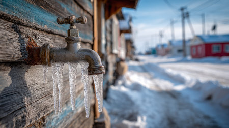 A close-up view of a frozen water tap showing icicles hanging down, set against a winter landscape with a snowy road and buildings under a bright blue sky.の素材