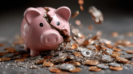 A broken piggy bank is shown spilling various coins, symbolizing the challenges of saving money and the risks tied to financial management.の素材