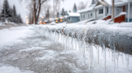 A close-up shot of icicles hanging from a metallic pipe near a snowy street, showcasing a serene winter landscape with residential homes. The icy details highlight the beauty of cold weather while capturing a tranquil ambiance.の素材