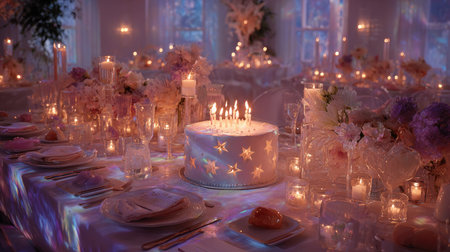 An enchanting birthday celebration scene featuring a beautifully decorated table with a star-themed cake, flickering candles, and delicate floral arrangements, creating a magical atmosphere for joyful gatherings.の素材