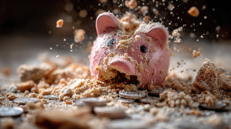 This image shows a shattered piggy bank surrounded by coins and crumbs, symbolizing financial loss and the chaos of poor savings practices.の素材