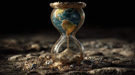 This striking image features an hourglass containing a globe, symbolizing the passage of time and environmental challenges. The detailed design emphasizes the delicate balance of nature.の素材