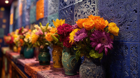 A stunning display of colorful flower arrangements in decorative vases contrasts beautifully with an ornate wall, creating an inviting and joyful atmosphere.の素材