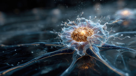 This striking image showcases the intricate beauty of cell division, featuring glowing cellular structures against a dark background, highlighting life processes.の素材