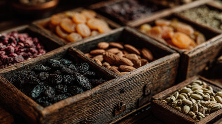 A captivating arrangement of assorted dried fruits and nuts in rustic wooden bowls, showcasing a vibrant variety ideal for health-conscious snacks.の素材