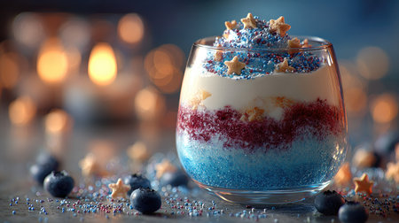 A stunning layered dessert in a glass showcases vibrant blue and red colors, topped with stars and sparkling decorations, creating a festive ambiance.の素材
