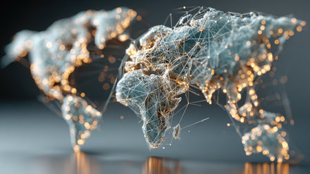This abstract illustration features a world map intricately designed with glowing connections and a modern digital aesthetic, perfect for technology themes.の素材