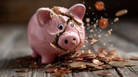 A broken piggy bank lies on a rustic wooden surface, spilling coins and capturing the essence of financial struggles and unexpected expenses.の素材