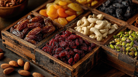 A vibrant display of assorted dried fruits and nuts arranged in rustic wooden containers, perfect for healthy snacking or culinary inspiration.の素材