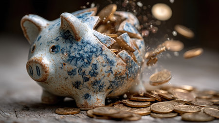 A broken ceramic piggy bank spills coins across a rustic wooden surface, symbolizing financial loss and unexpected expenses. This image captures the impact of financial mismanagement and the importance of budgeting.の素材