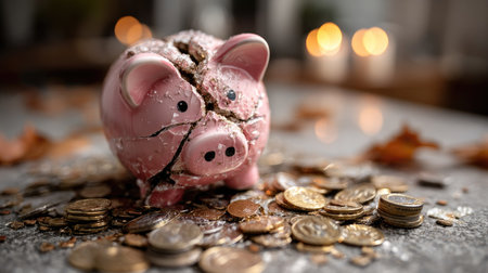 A broken piggy bank sits on a table amid scattered coins and dried leaves, with blurred candles in the background creating a reflective mood about financial struggles.の素材