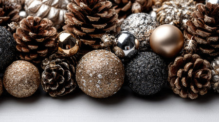 This captivating image features a blend of elegant holiday decorations, including glittering ornaments and natural pine cones, creating a festive atmosphere.の素材