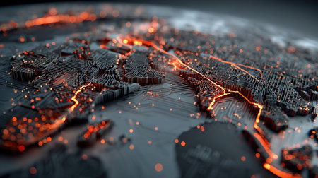 This stunning abstract 3D render showcases Europe with glowing lines and nodes, symbolizing modern connectivity and data flow in a digital landscape.の素材